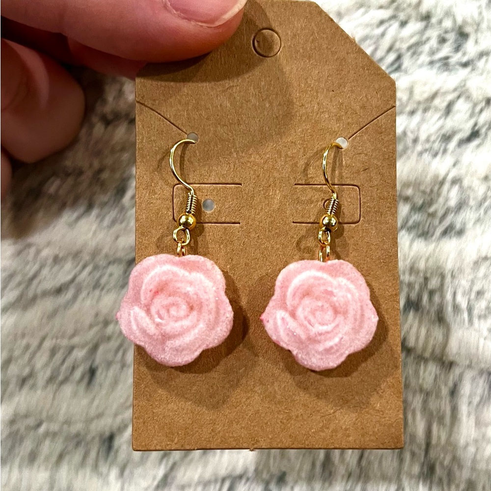 Charming Pink Rose Felted Charm Gold Earrings